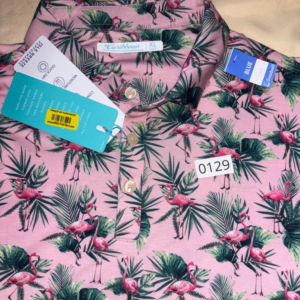 NWT Caribbean Isle Breeze Performance Flamingo Palm Polo Shirt Mens XL Tropical - Picture 2 of 5
